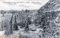 Spirit huts showing food offered to Spirits. Central Africa