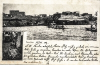 Woman sitting + dugouts on the Creek