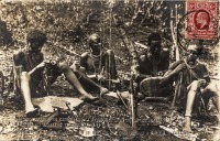 Akikuyu little chain making - A is rolling up wire round a stick, B is cutting the links, C is hooking them up, D joins them up